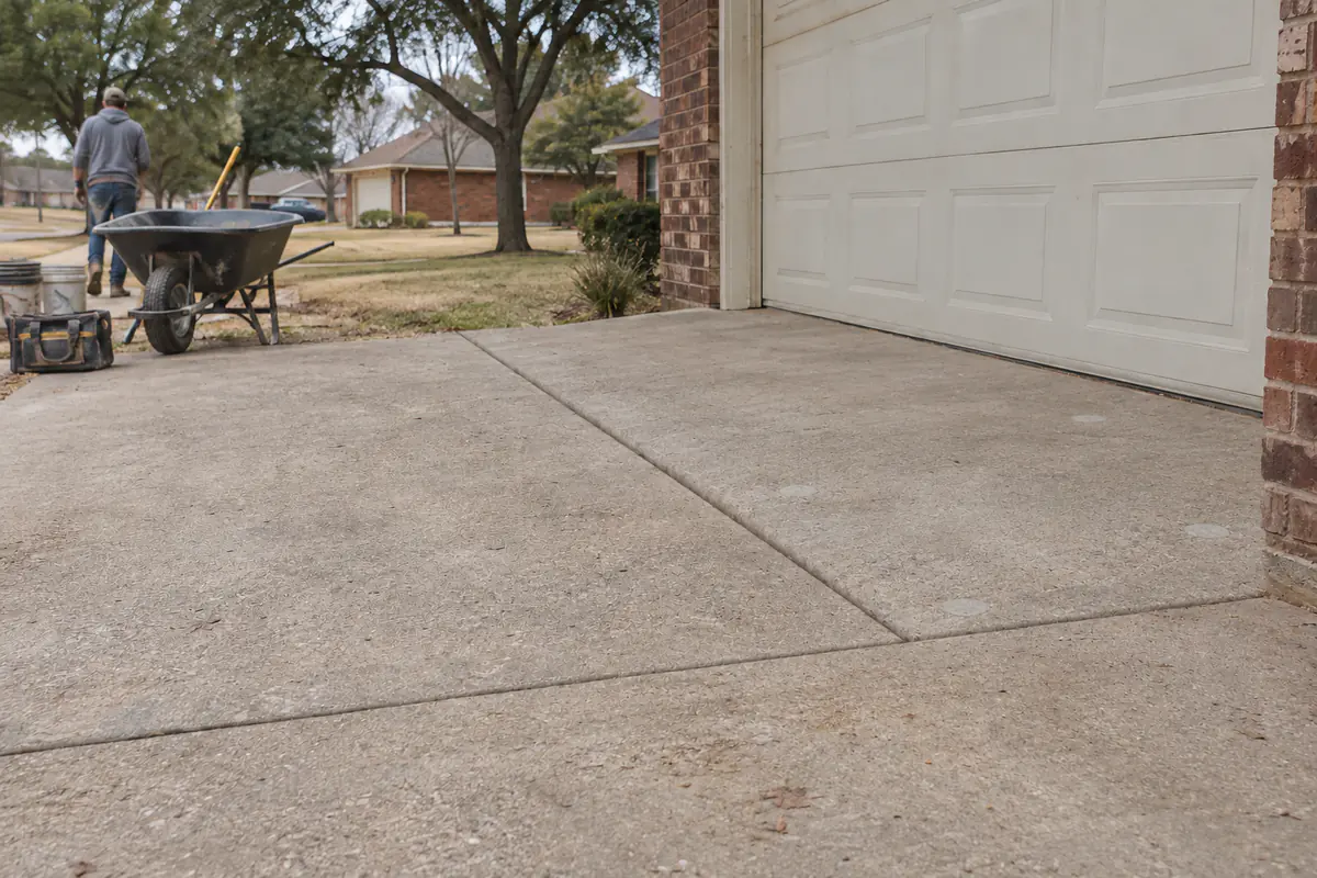 After: the panel lifted back level and flush with the garage slab, a few small round patched holes in it, joint sealed