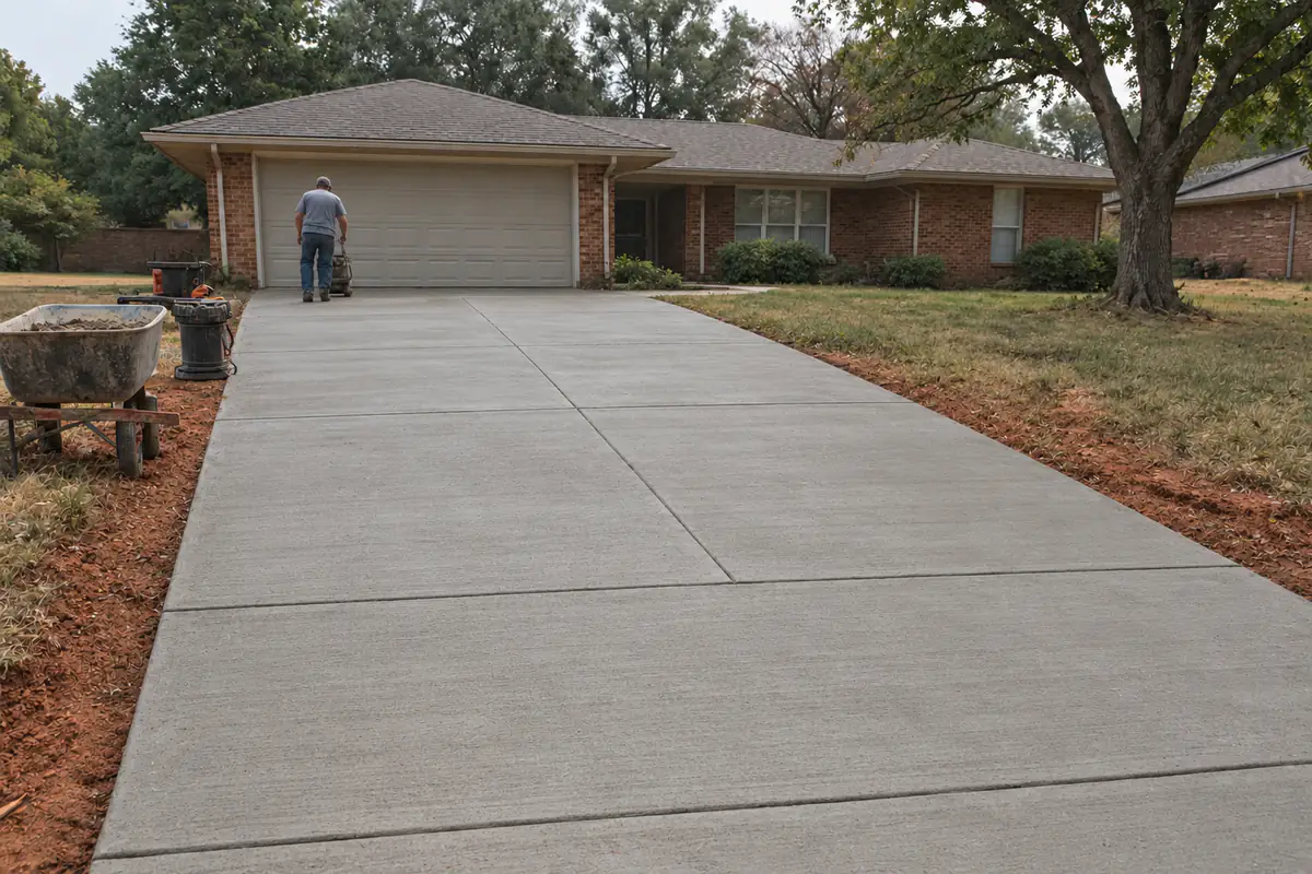 After: the entire driveway replaced with new uniform gray broom-finished concrete with straight saw-cut joints