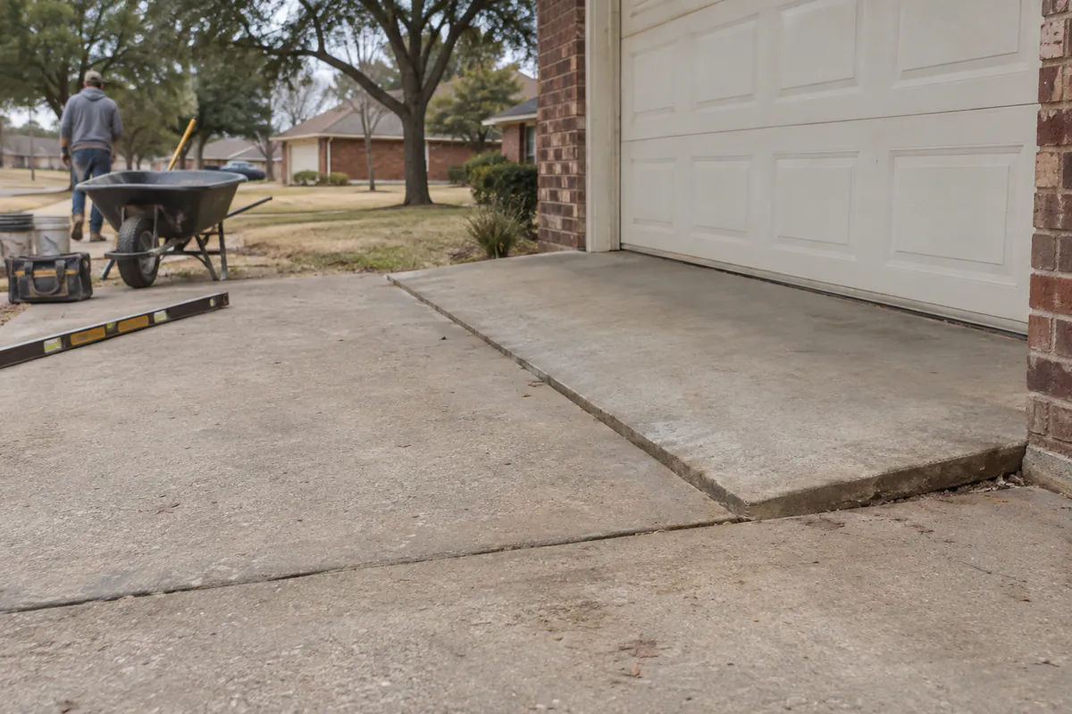 Before: A concrete driveway where the panel at the garage has sunk two inches below the garage slab, an obvious tripping step and gap at the joint