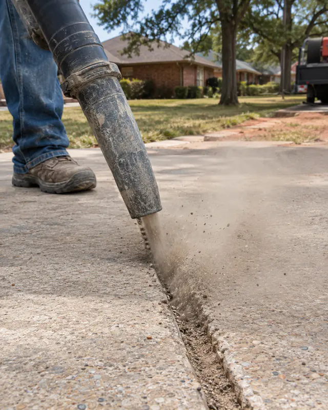 Blowing debris out of a routed crack before sealing in Oklahoma City