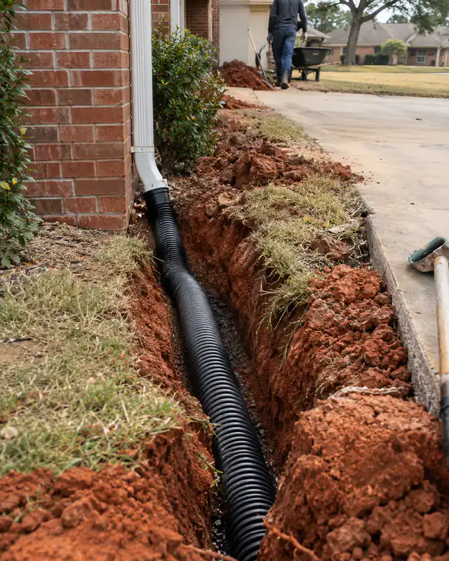 Trench for a buried downspout extension away from the driveway in Oklahoma City