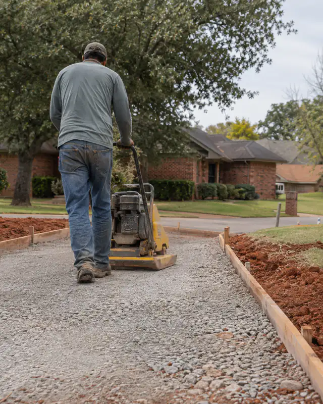 Plate compactor on a crushed-stone base over clay subgrade in Oklahoma City
