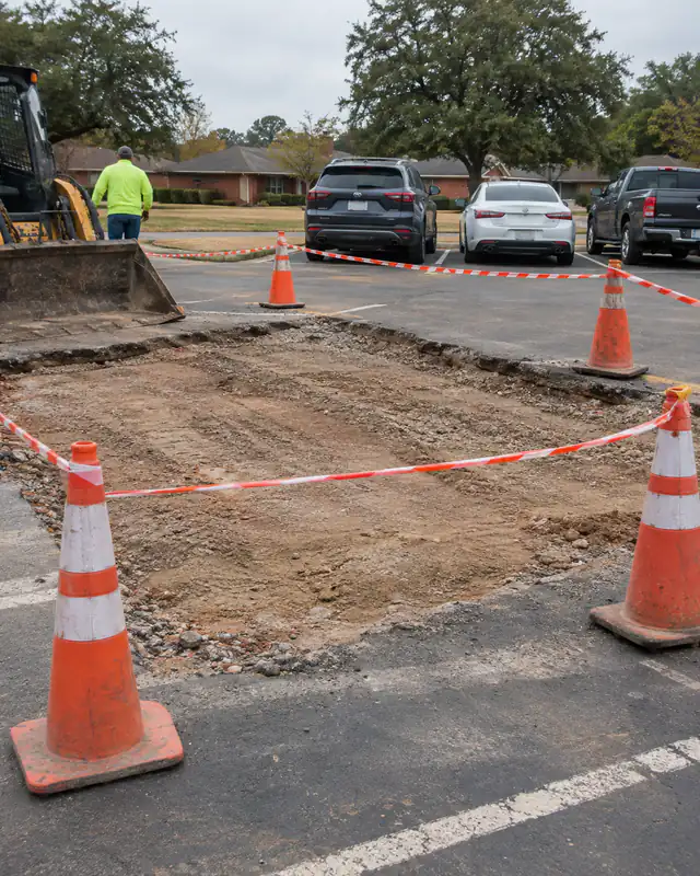 Coned-off repair area in an apartment parking lot in Oklahoma City