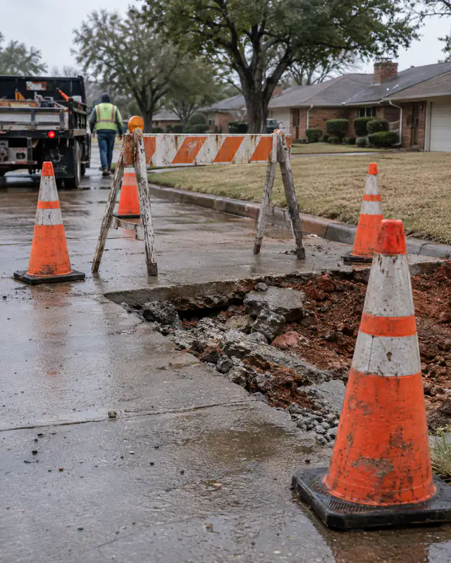 Cones and barricade around a driveway hazard in Oklahoma City