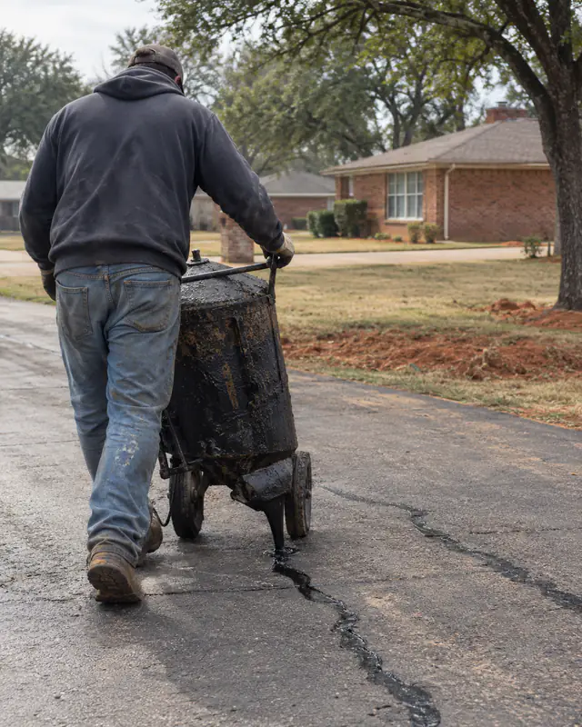 Crack filling an asphalt driveway before sealcoating in Oklahoma City