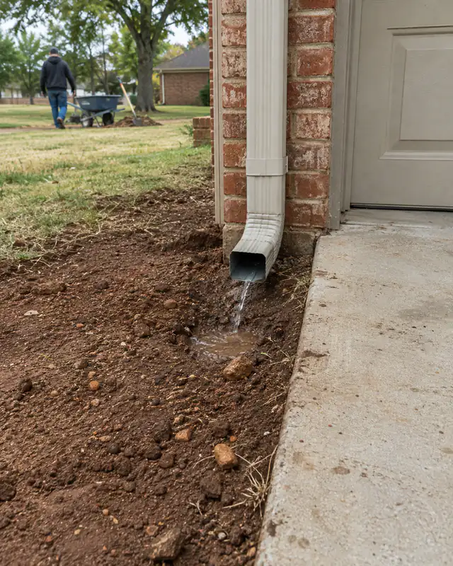Downspout discharging beside the driveway at the garage in Oklahoma City