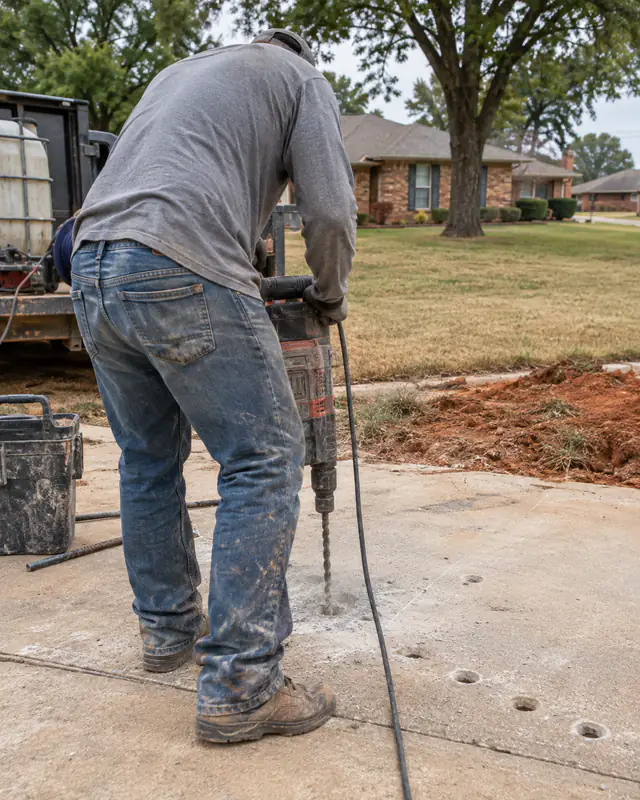 Drilling small injection ports in a sunken driveway panel in Oklahoma City