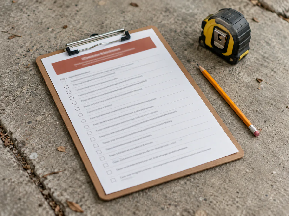 Printed driveway pre-hire checklist on a clipboard resting on a concrete driveway