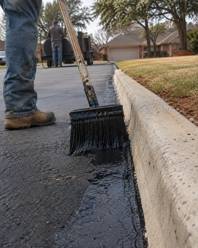 Brushing sealcoat along a driveway edge in Oklahoma City