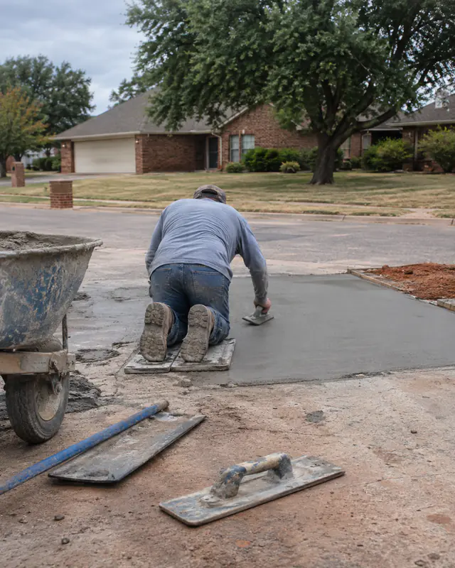 Finishing a replacement concrete panel in a parking lot in Oklahoma City