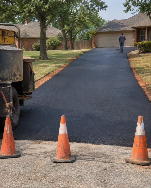 Freshly sealcoated asphalt driveway drying in the sun in Oklahoma City