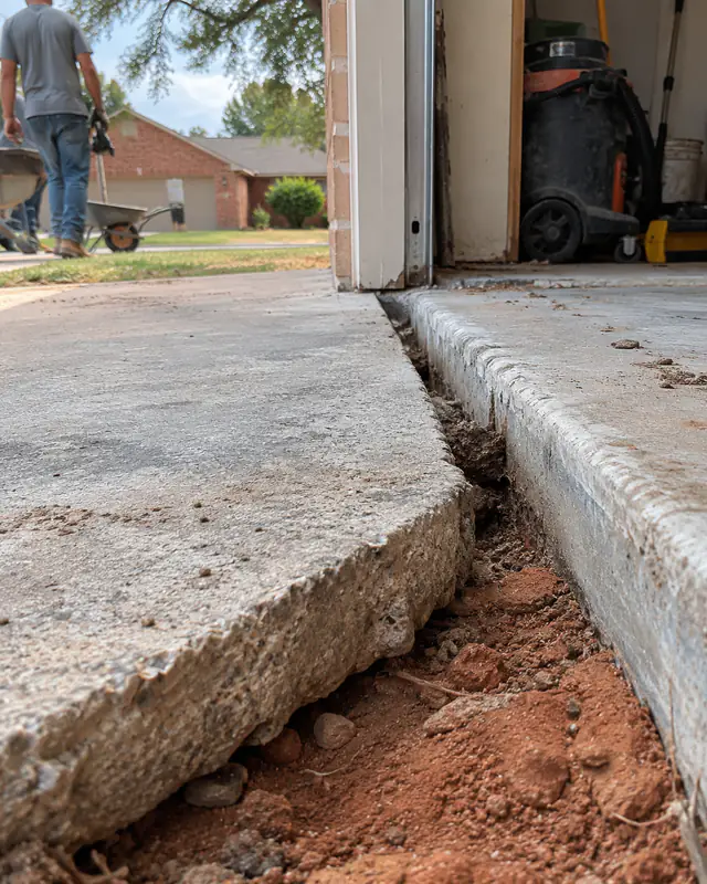 Open gap where the driveway has dropped below the garage slab in Oklahoma City