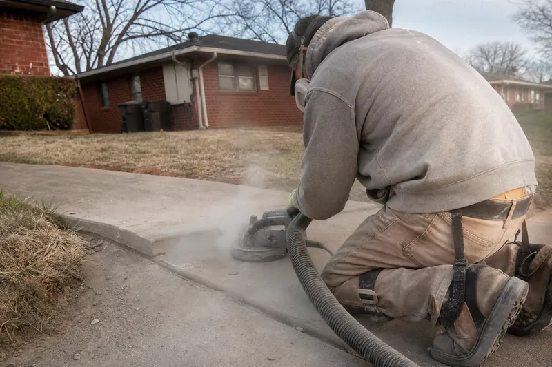 Worker grinding the lifted edge of a concrete slab down to a smooth bevel to remove a trip hazard