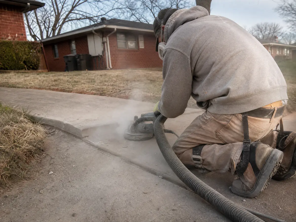 Worker grinding the lifted edge of a concrete slab down to a smooth bevel to remove a trip hazard