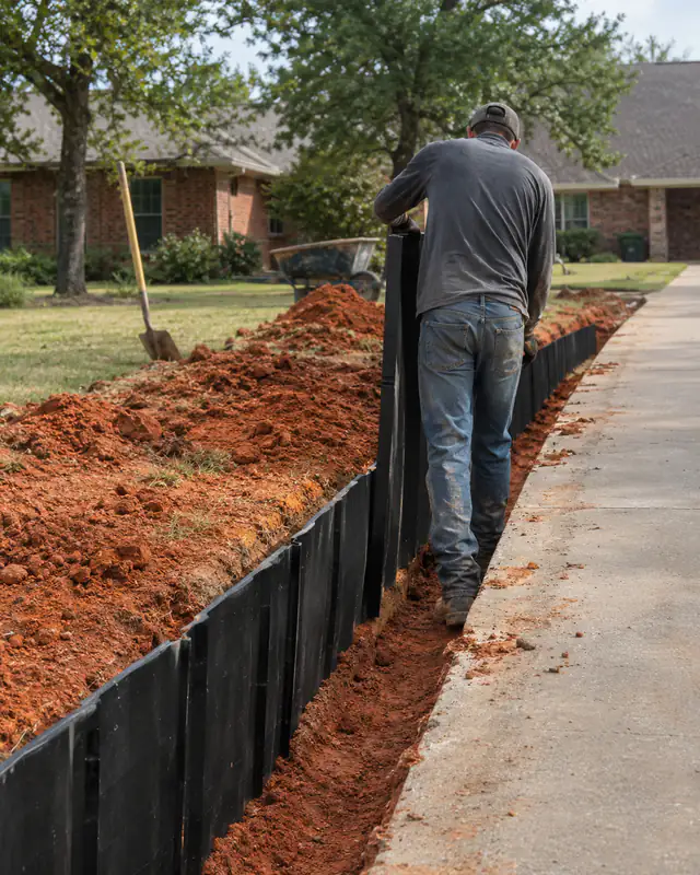 Installing root barrier in a trench beside a driveway in Oklahoma City