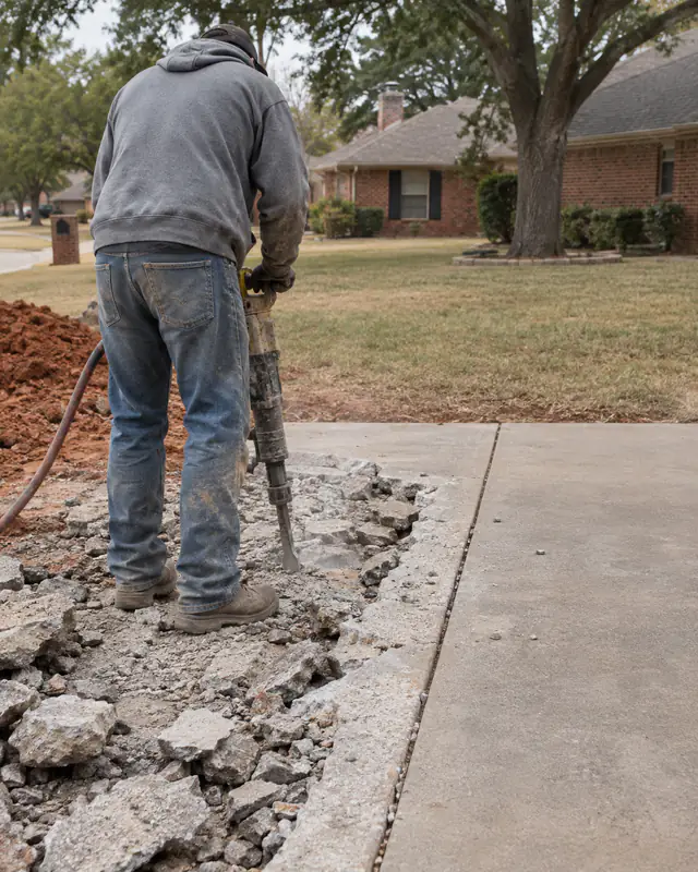 Breaking out a damaged concrete driveway panel along a clean saw cut in Oklahoma City