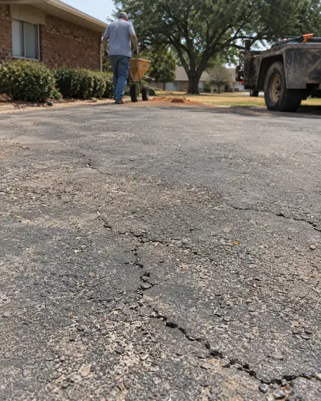 Oxidized, faded gray asphalt driveway surface in Oklahoma City
