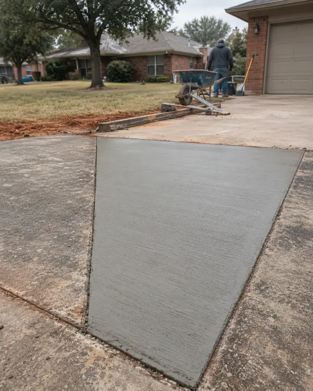 New concrete panel poured flush with the old driveway on either side in Oklahoma City