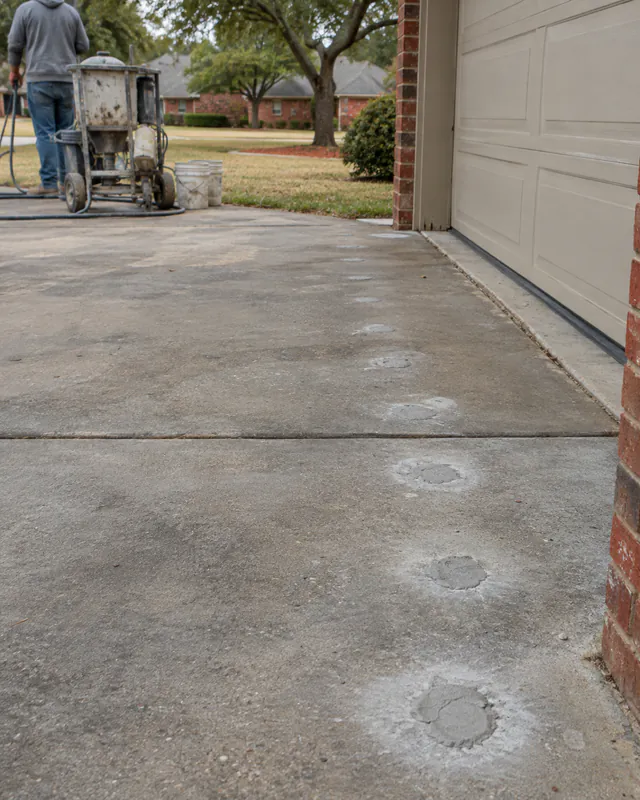 Patched injection ports on a leveled concrete driveway in Oklahoma City