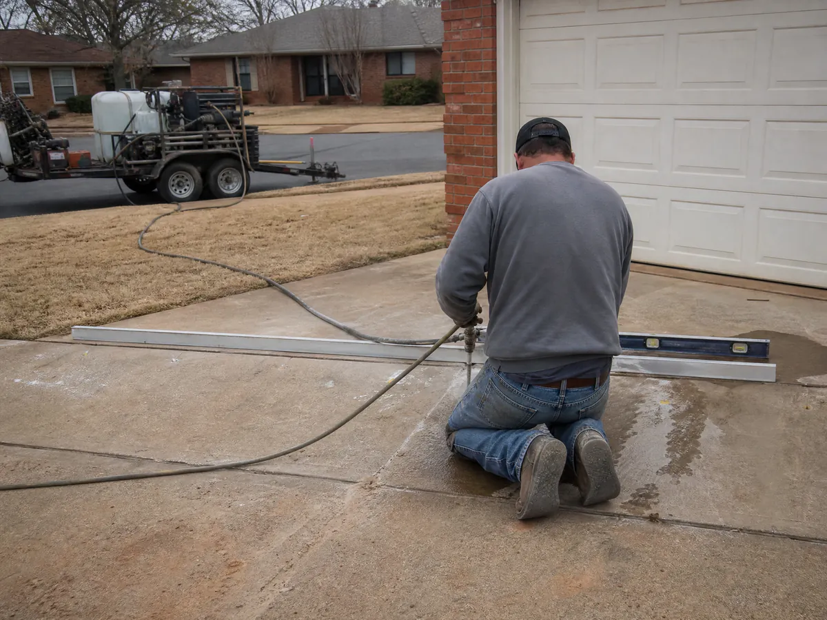 Technician injecting polyurethane foam through small drilled ports to lift a sunken concrete driveway in Oklahoma City