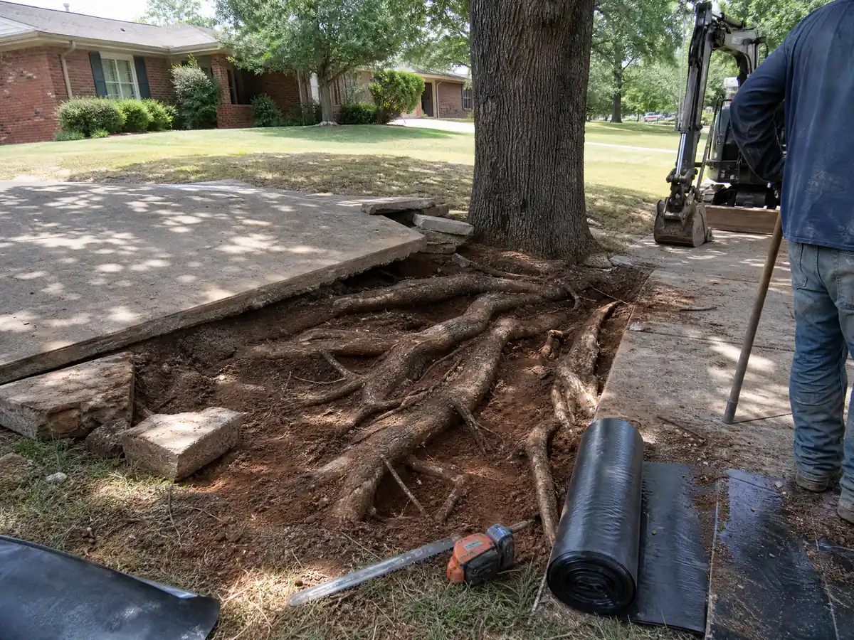 Removed driveway panel exposing thick post oak roots that lifted the concrete, with a roll of root barrier