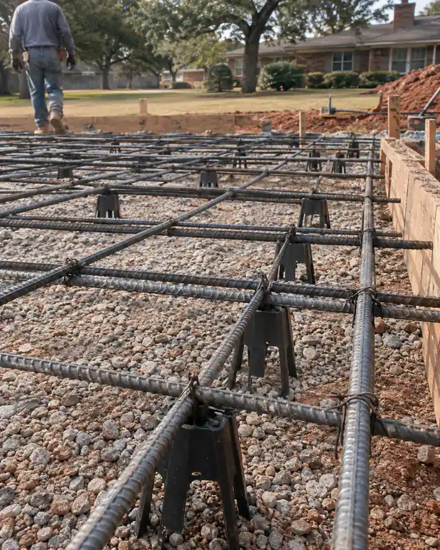 Rebar grid on chairs inside driveway forms before the pour in Oklahoma City