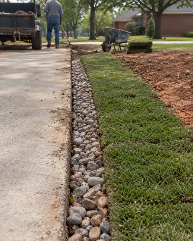 Regraded driveway edge with drainage rock and sod in Oklahoma City
