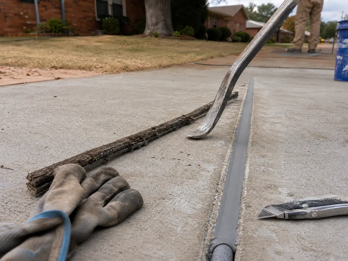 Rotted wood expansion strip pulled from a driveway joint beside new backer rod and polyurethane sealant