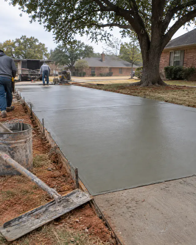 Re-poured driveway panel beside a mature oak in Oklahoma City