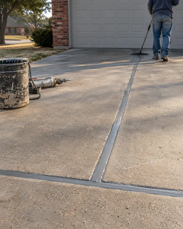 Joints resealed with gray polyurethane after a concrete driveway repair in Oklahoma City