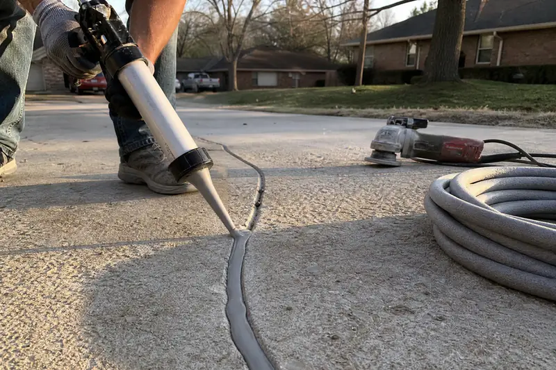 Close view of a routed driveway crack being filled with gray flexible polyurethane sealant