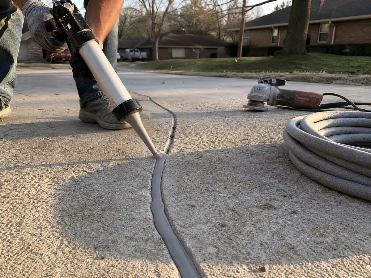 Close view of a routed driveway crack being filled with gray flexible polyurethane sealant