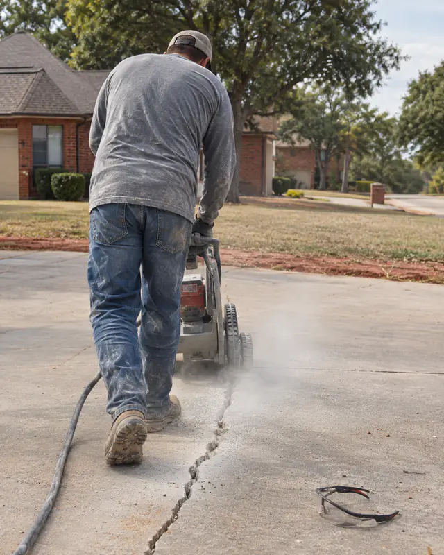 Routing a driveway crack with a crack-chasing grinder in Oklahoma City