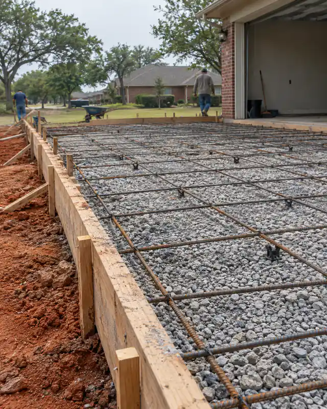 Forms and rebar for a concrete RV parking pad beside a house in Oklahoma City