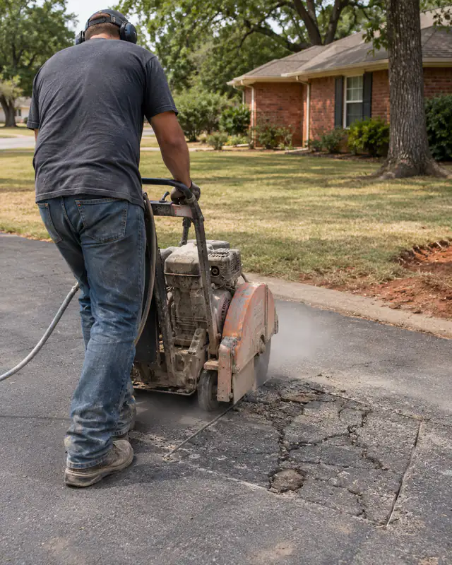 Saw-cutting a square patch area in an asphalt driveway in Oklahoma City