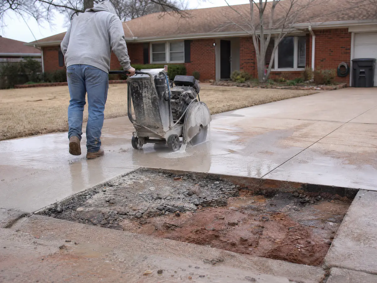 Worker saw-cutting around a broken concrete driveway panel before removing it at an Oklahoma City home