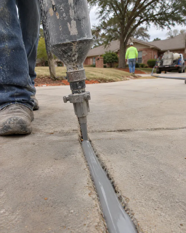 Self-leveling polyurethane sealant filling a driveway expansion joint in Oklahoma City