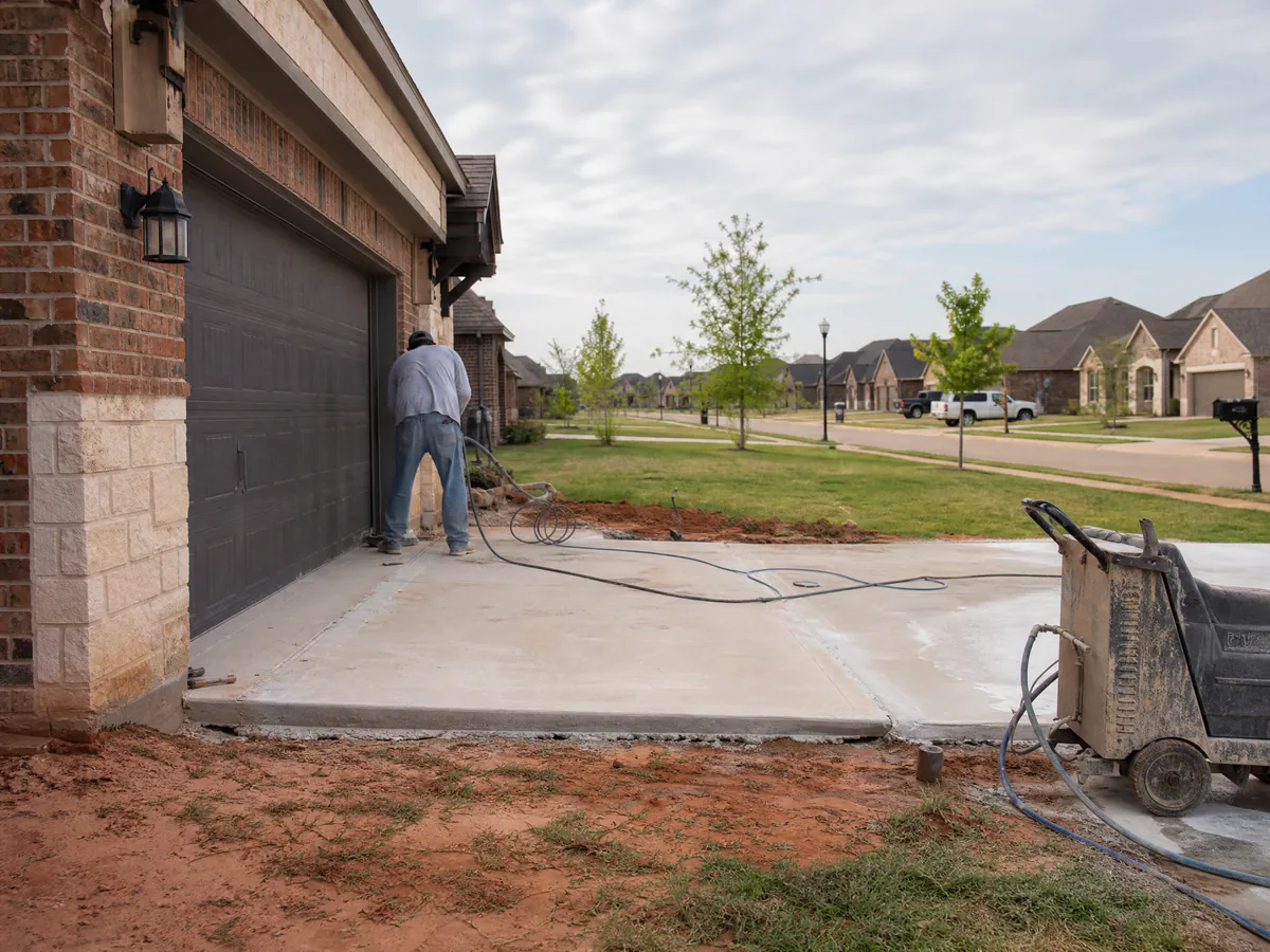 Concrete driveway settling at the garage in a 2010s rebuilt subdivision in Moore, Oklahoma
