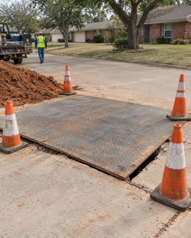 Temporary steel plate bridging a hole in a driveway in Oklahoma City