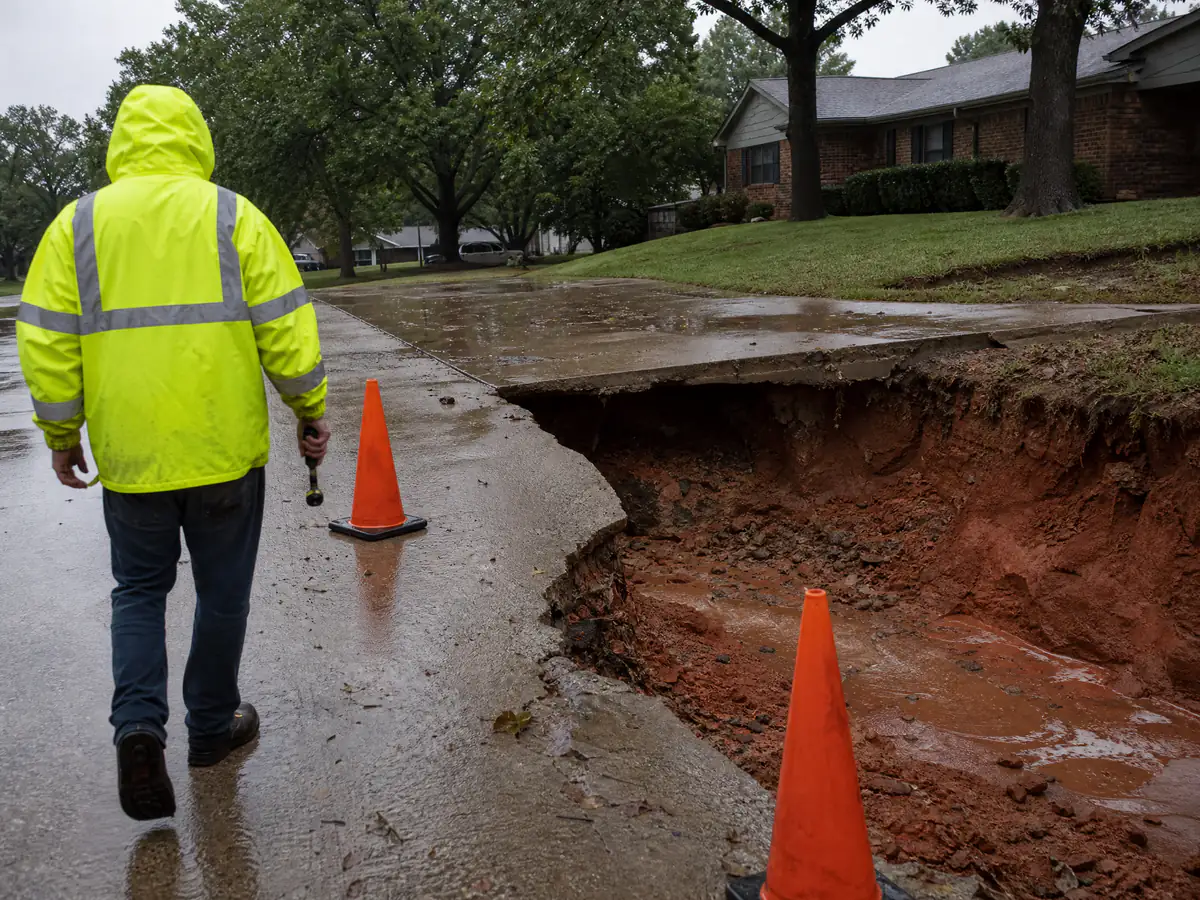Driveway edge undermined and collapsed after a storm washout at an Oklahoma City home