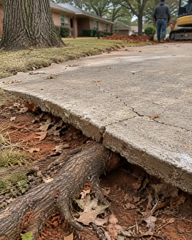 Tree root lifting the edge of a concrete driveway panel in Oklahoma City