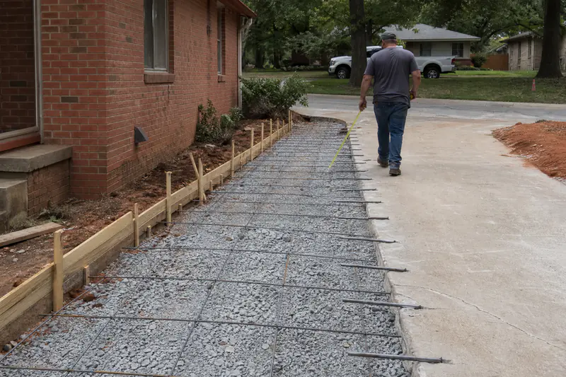 Forms and rebar set to widen a single-car concrete driveway, with dowels drilled into the existing slab