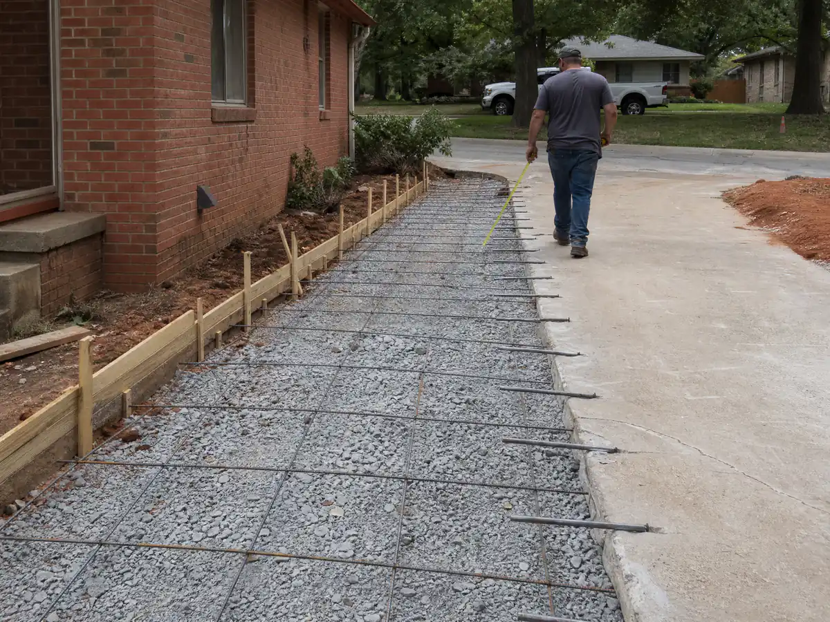 Forms and rebar set to widen a single-car concrete driveway, with dowels drilled into the existing slab