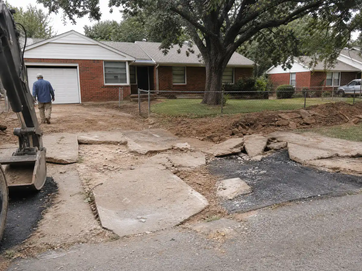 End-of-life 1950s concrete driveway at a small brick home in Del City, Oklahoma